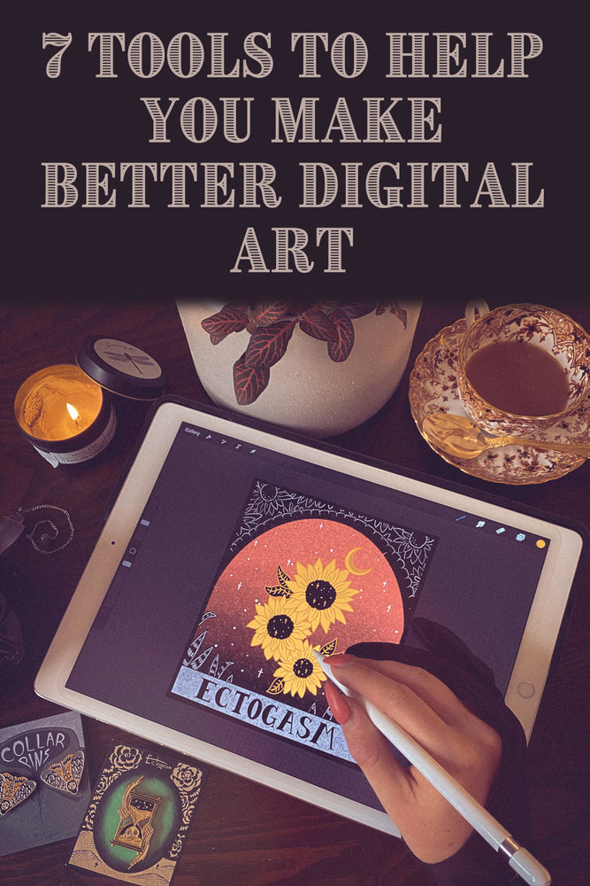 7 tools to help you make better digital art blog post. Pictured with iPad, Procreate app, drawing glove, and apple pencil.