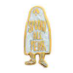 A "Spooky All Year" ghost enamel pin plated with 18k gold with pearl enamel. Hard enamel design.
