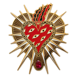 A large 18k gold plated enamel pin brooch of a sacred heart with eyes in tattoo style for punk fashion.