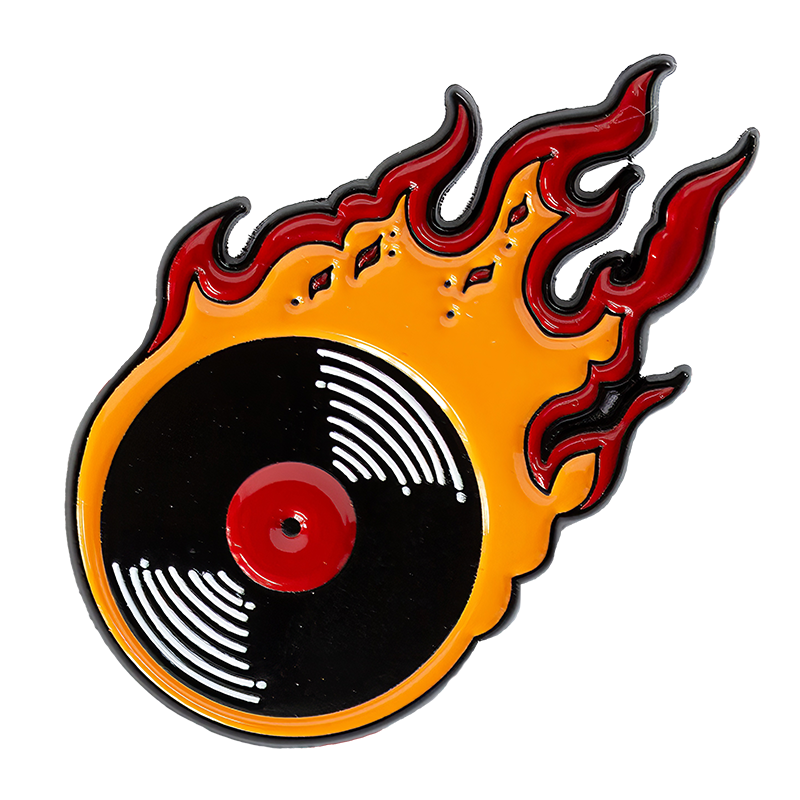 Ectogasm cool rock and roll fashion enamel pin of a flaming vinyl record.