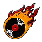 Ectogasm cool rock and roll fashion enamel pin of a flaming vinyl record.