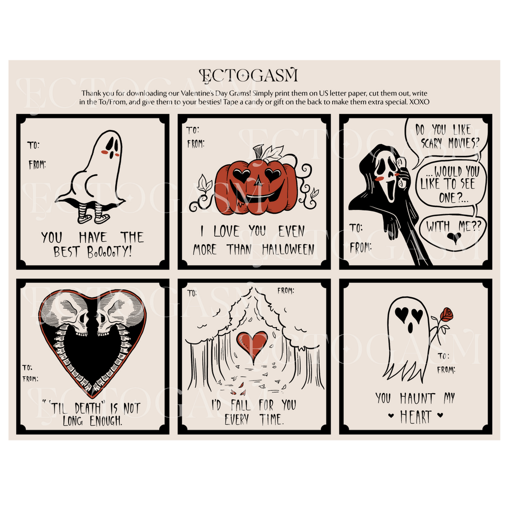 Spooky, gothic printable Valentines Day Grams with cute, funny art.