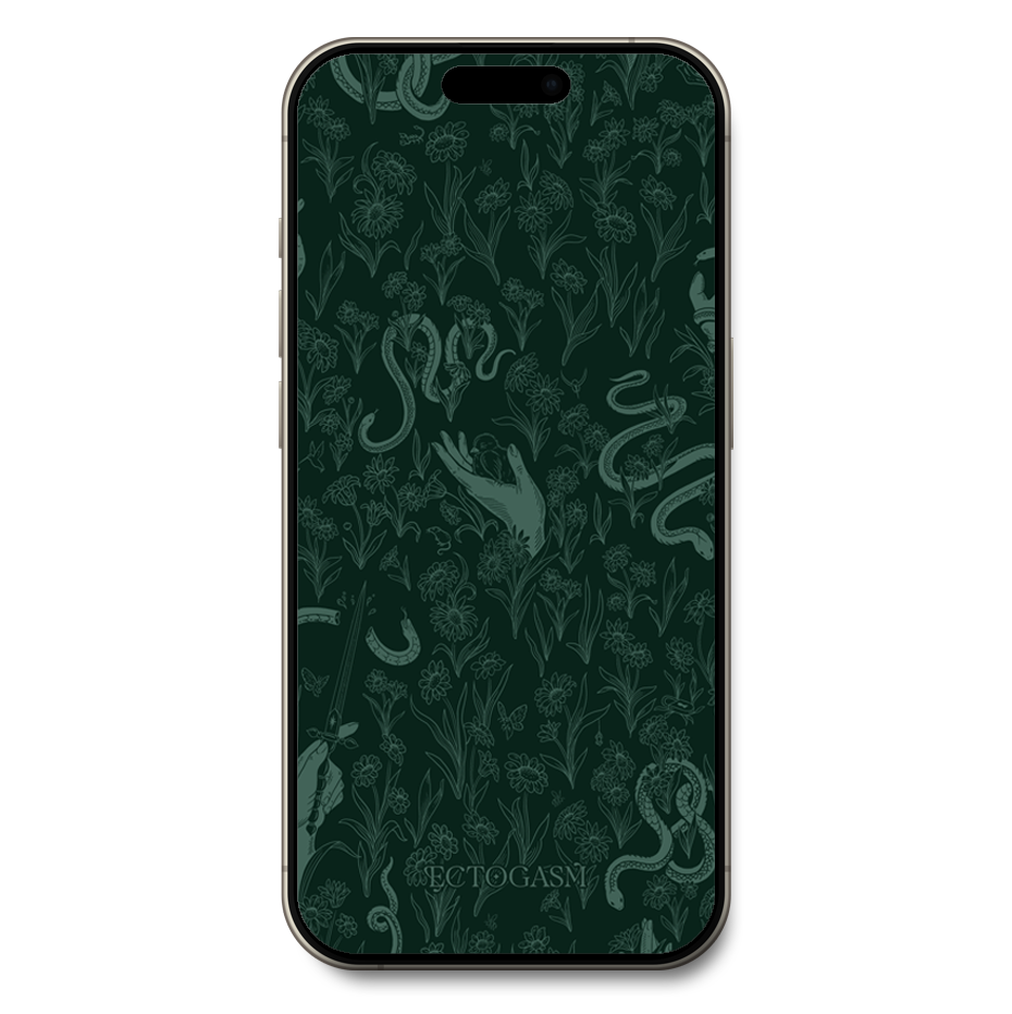 A cool phone wallpaper of a green garden full of flowers, serpents, and witchy hands.