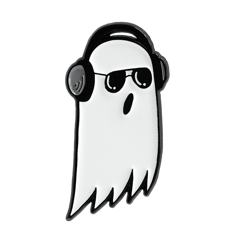 Ectogasm enamel pin of a spooky ghost wearing headphones and listening to music. 