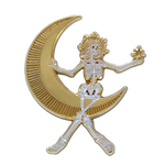 A gold and white enamel pin of a skeleton woman sitting in the moon for dark elegant fashion. 