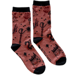 Unisex socks designed by Ectogasm. They feature a tattoo flash pattern with medieval art, including skulls, a flail, swords, gothic architecture, and more. 
