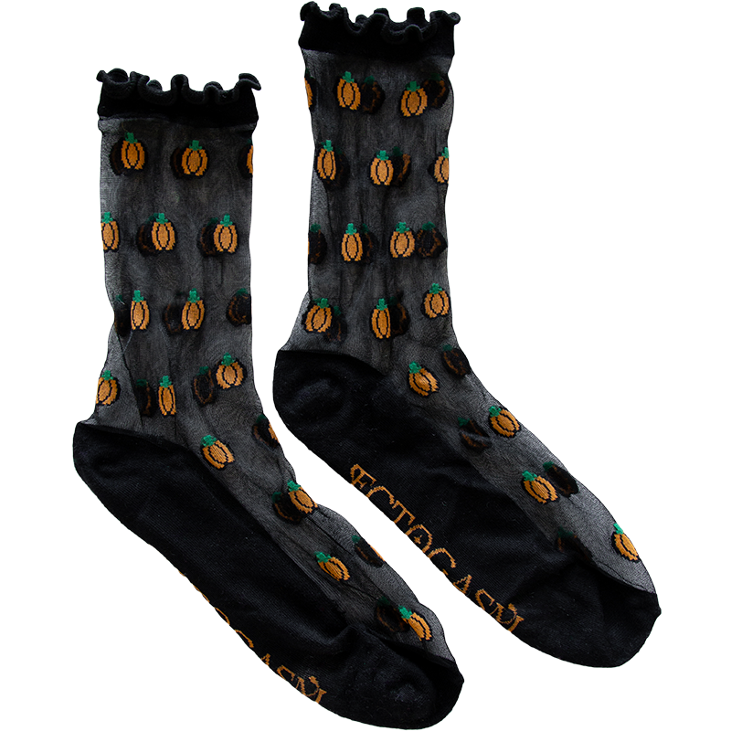 Cute black sheer socks with a ruffle fringe on top and pumpkin pattern. 