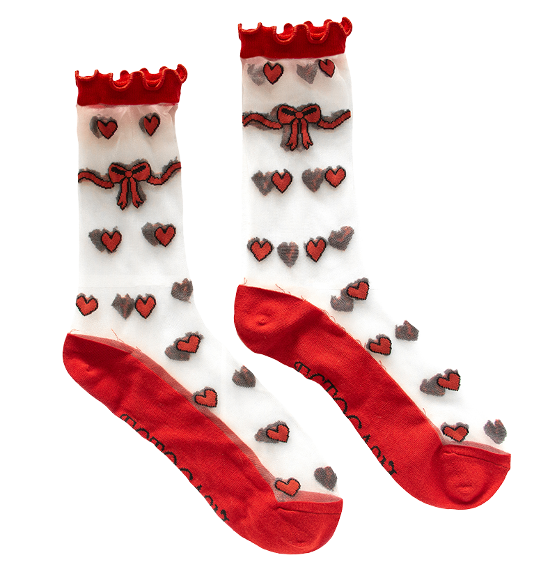 Sheer socks with red hearts, bows, and ruffles for women's fashion.