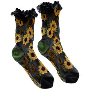 Sheer sunflower socks in black, green, and yellow for women's unique fashion.