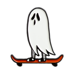 A spooky enamel pin of a ghost riding an orange skateboard for cool style. 
