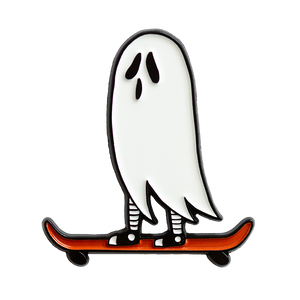 A spooky enamel pin of a ghost riding an orange skateboard for cool style. 