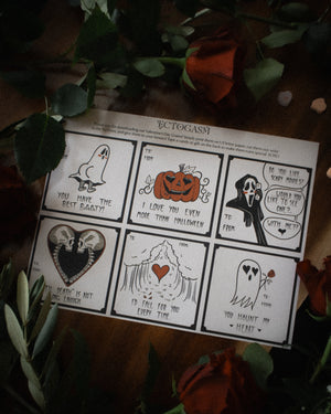 Halloween themed Valentine's Grams with spooky pumpkins, ghosts, skeletons, and more.