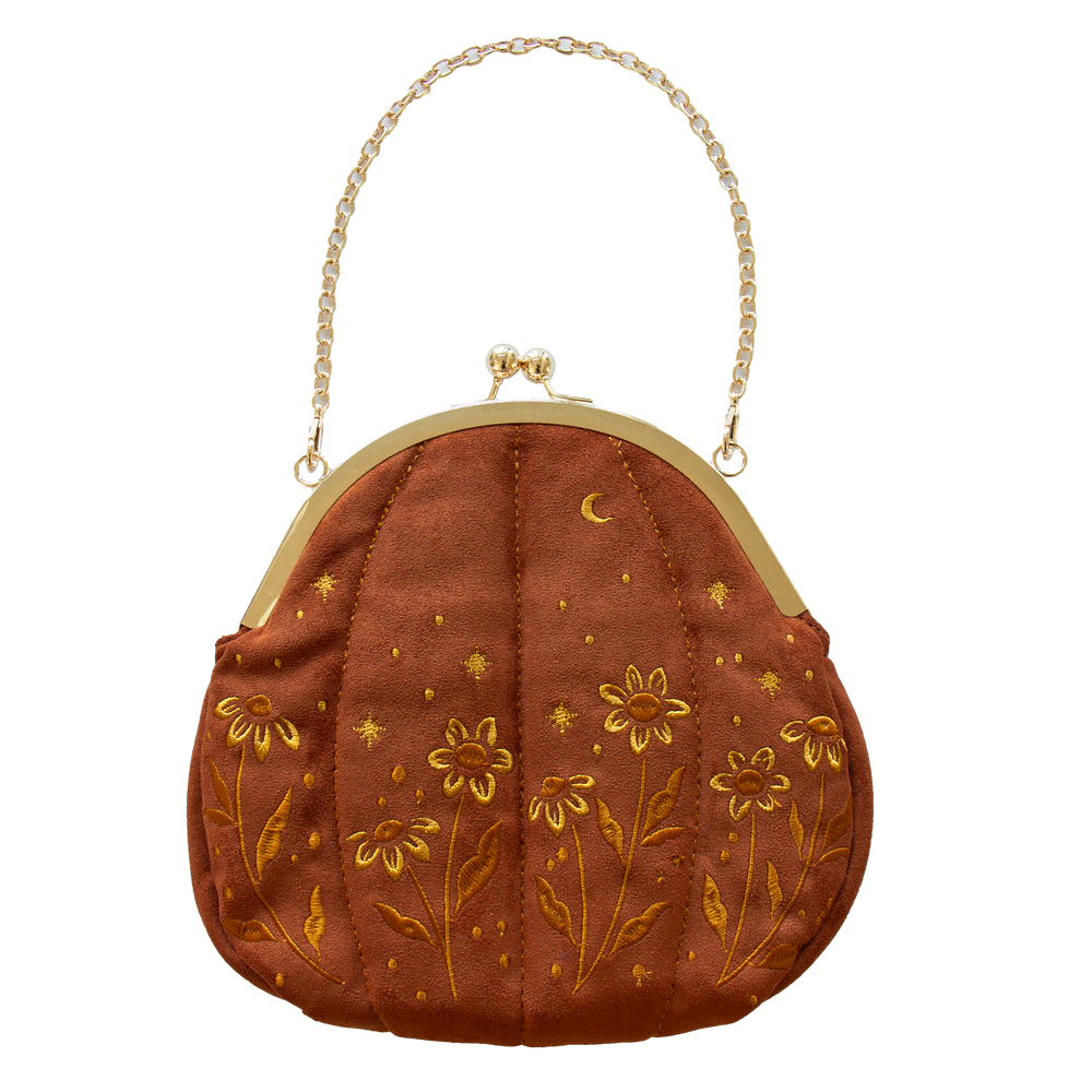 Ectogasm velvet pumpkin shaped clasp purse in orange, embroidered with yellow flowers, stars, and moons. Chain top handle.
