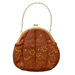 Ectogasm velvet pumpkin shaped clasp purse in orange, embroidered with yellow flowers, stars, and moons. Chain top handle.