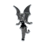 A spooky enamel pin of a fairy with devil wings and a skeleton's face, in silver and black. 