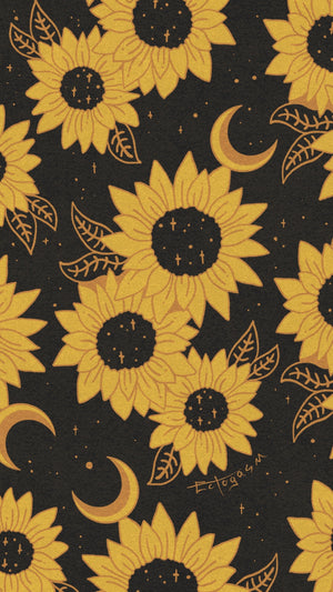 A witchy phone wallpaper featuring sunflowers, moons, and stars. 