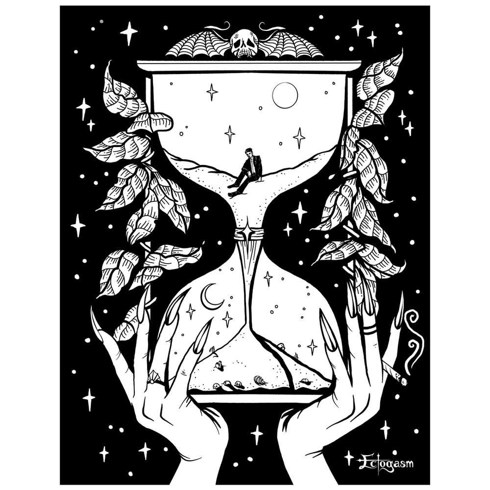 A witchy coloring book page featuring a man stuck in an hourglass. The hourglass as a skull on top and is decorated in leaves and stars. A witch's hands hold it.