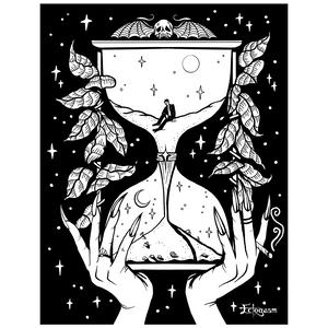 A witchy coloring book page featuring a man stuck in an hourglass. The hourglass as a skull on top and is decorated in leaves and stars. A witch's hands hold it.