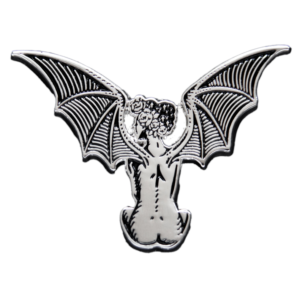 Ectogasm enamel pin of a beautiful women with devil wings in the style of Gustave Dore. 