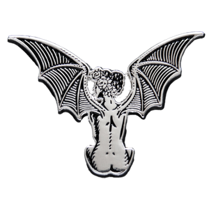 Ectogasm enamel pin of a beautiful women with devil wings in the style of Gustave Dore. 