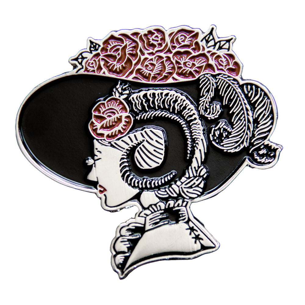 Ectogasm brooch of a victorian woman in a hat for gothic fashion.