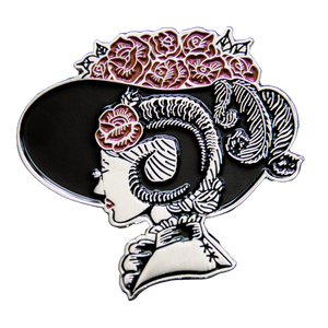 Ectogasm brooch of a victorian woman in a hat for gothic fashion.