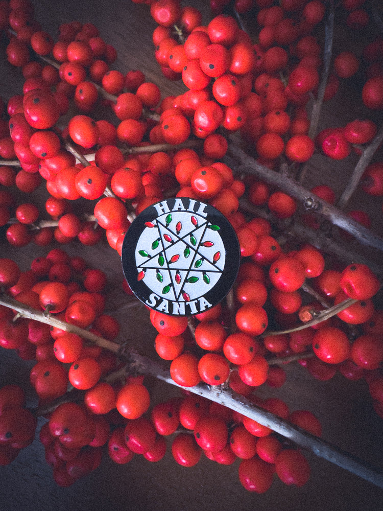 A Christmas enamel pin that says "Hail Santa" designed by Ectogasm. 