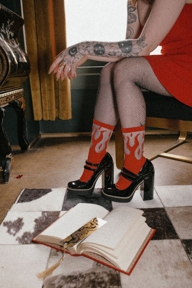 Ectogasm red flame socks for alternative fashion. 