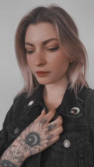 
            
                Load and play video in Gallery viewer, Video of an alternative fashion girl wearing a black denim jacket with enamel pins
            
        