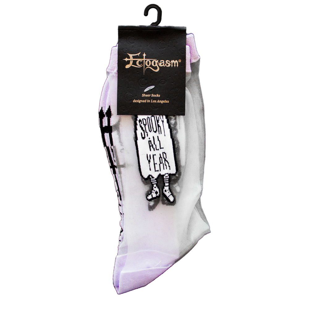 Sheer nylon socks designed by Ectogasm. The socks have an occult print on them for women with an interest in the supernatural and paranormal.
