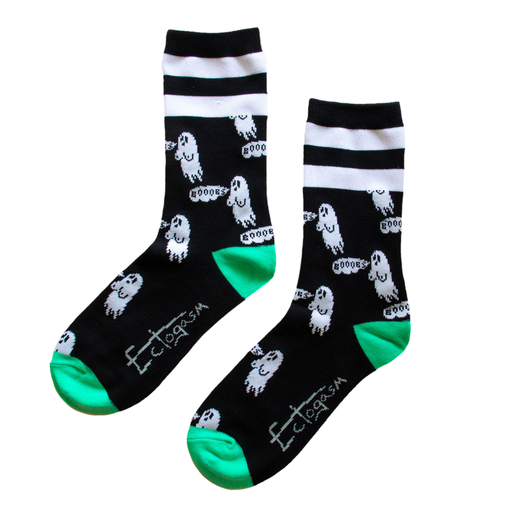 Funny black and white crew socks with ghosts with big boobs on them. 