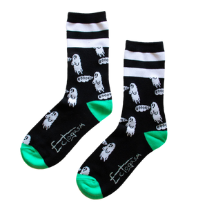 Funny black and white crew socks with ghosts with big boobs on them. 