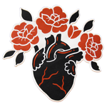 A cool black, red, and white back patch of an anatomical heart blooming with roses. 
