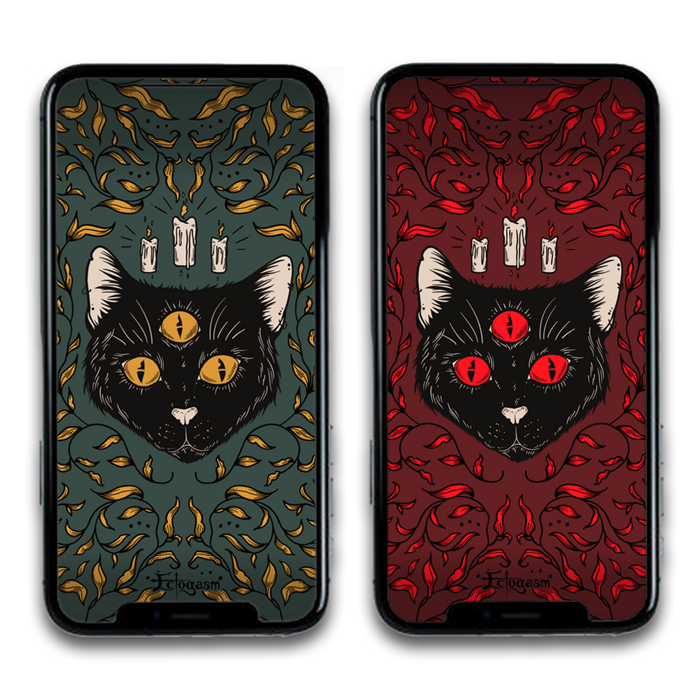A witchy phone wallpaper with a black cat, candles, and botanical illustration leaves.