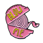 A funny enamel pin of a roll of 90s nostalgic bubble gum with the quote, "blow me". 