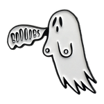A funny enamel pin of a ghost with boobs.