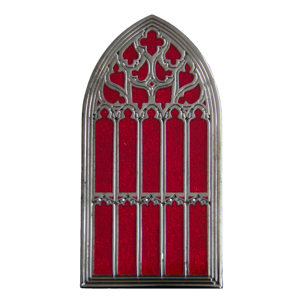 An red and silver enamel pin of the gothic window at Saint Giles Cathedral in Edinburgh Scotland. Dark history gift for men and women.