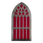 An red and silver enamel pin of the gothic window at Saint Giles Cathedral in Edinburgh Scotland. Dark history gift for men and women.