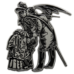 A cool enamel pin inspired by victorian art for goth fashion in black and silver.