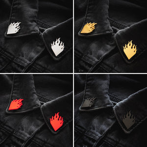 Ectogasm flame collar pin badges in a variety of colors. Available in red, silver, gold, and black. 