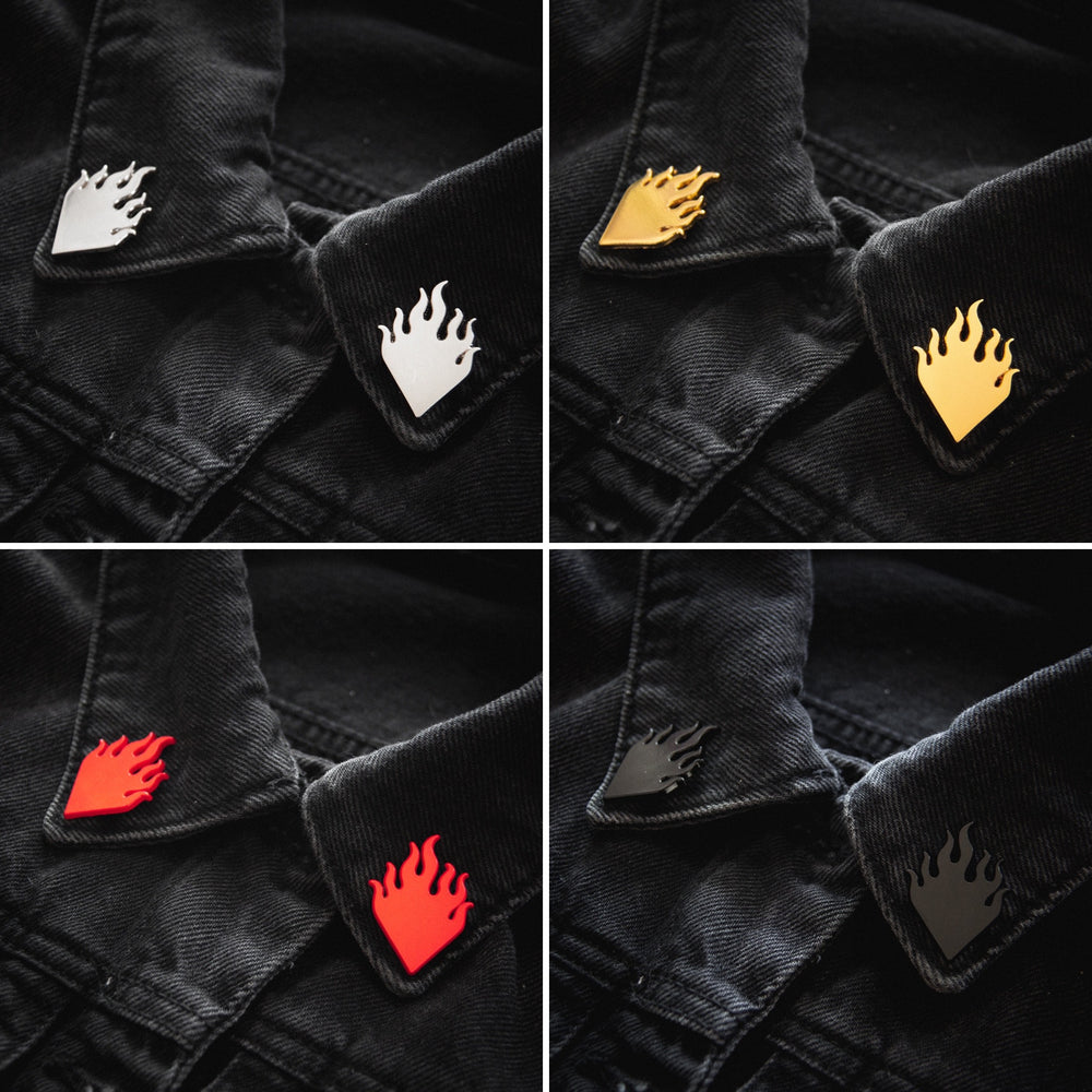 Ectogasm flame collar point sets in silver, gold, red, and black. 