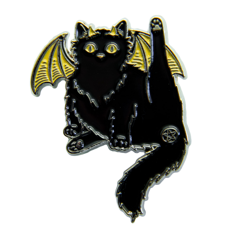 A funny enamel pin of a devil cat cleaning itself with a pentacle on its butt.
