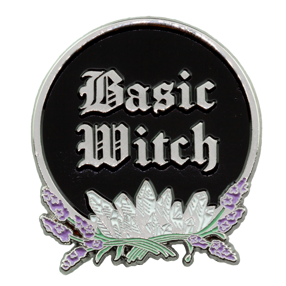 Ectogasm "Basic Witch" funny quote enamel pin for women.