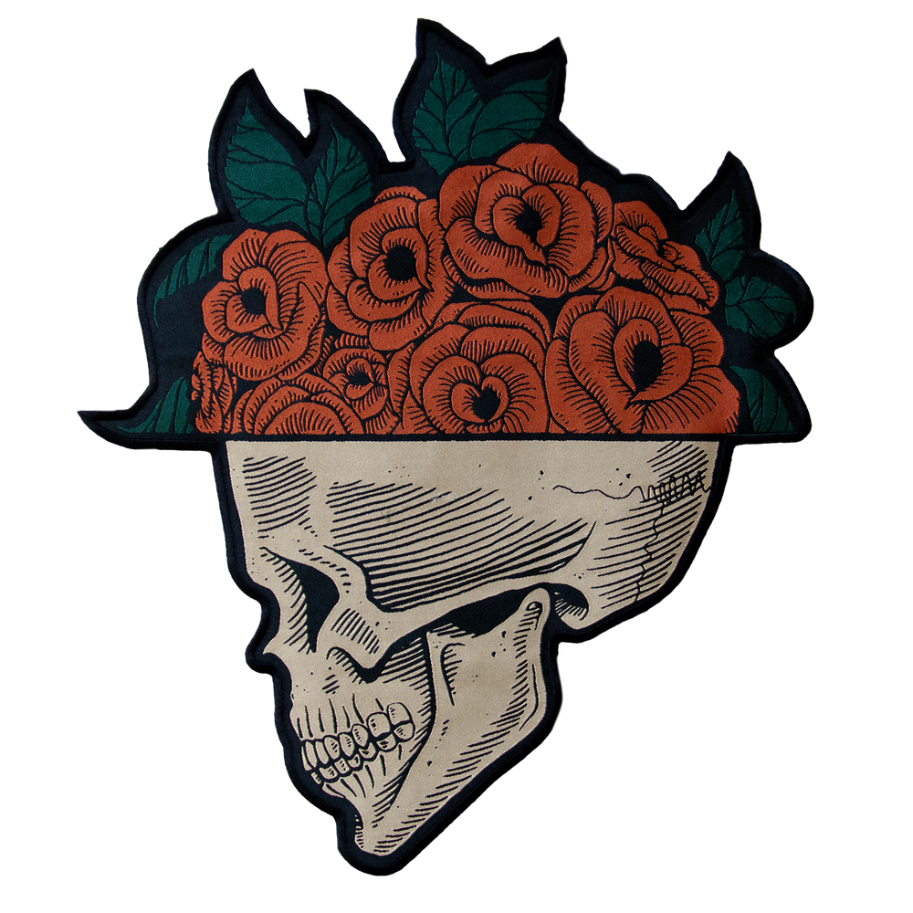 Ectogasm detailed woven back patch featuring a human skull filled with red roses for goth fashion. 