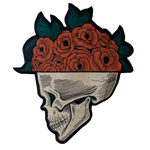 Ectogasm detailed woven back patch featuring a human skull filled with red roses for goth fashion. 
