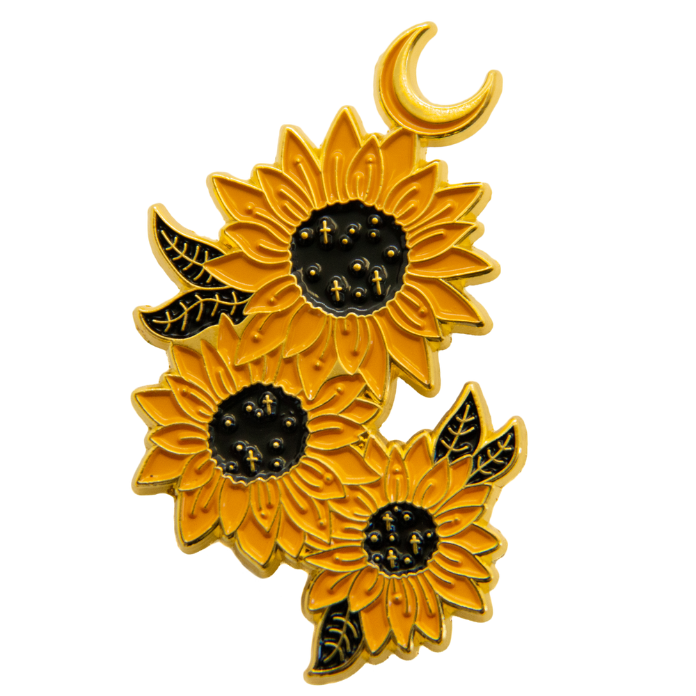Ectogasm beautiful yellow, gold, and black sunflower botanical enamel pin. 