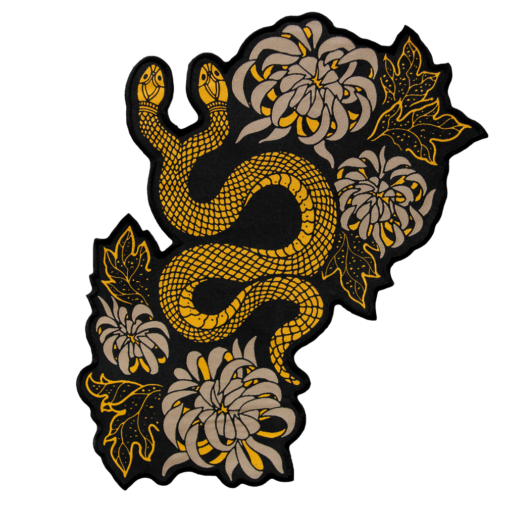 A cool back patch featuring a two headed snake with chrysanthemum flowers for women's fashion.