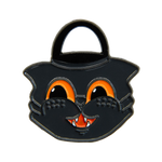 Ectogasm black and orange vintage style cat Halloween lapel pin for alternative fashion. 