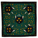 A bandana or altar cloth with a witchy pattern of black cats on a green background, surrounded by gold leaves. Boarder has stars and moons for gothic and alternative fashion. 