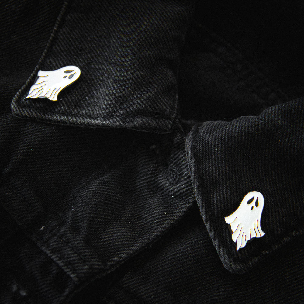 Ectogasm ghost collar pin set for alternative fashion and Halloween style. Features two small black and white ghost accessories. 